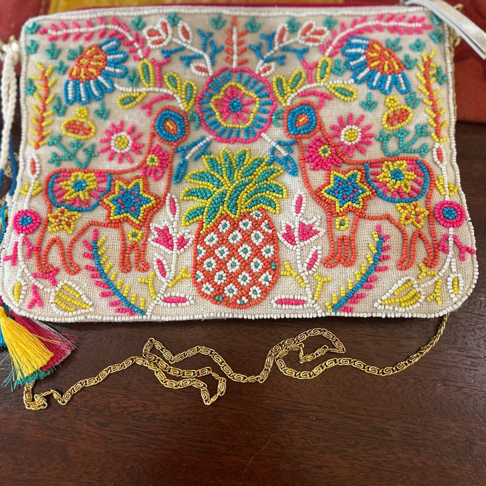 Betsey Johnson VINTAGE beaded clutch crossbody with chain - Pineapple & Deer